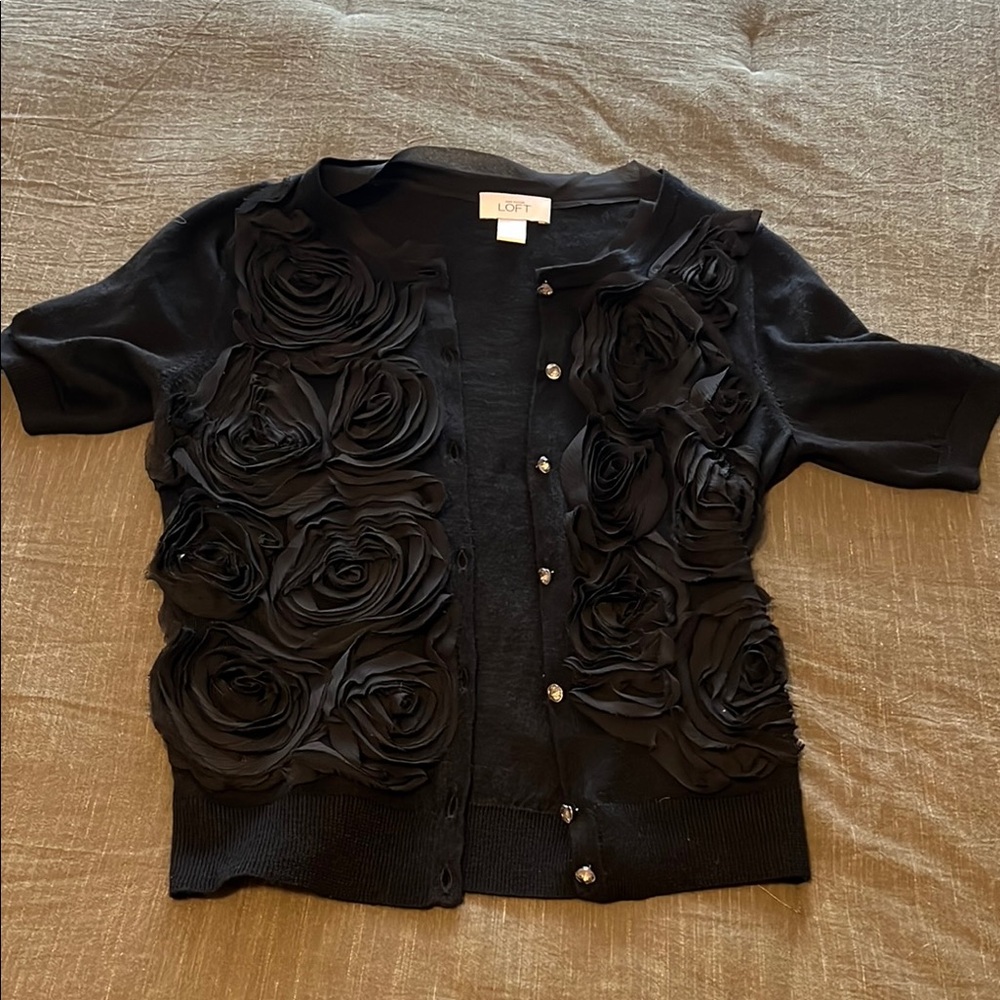 LOFT Black Button Down Shirt with Floral Accents